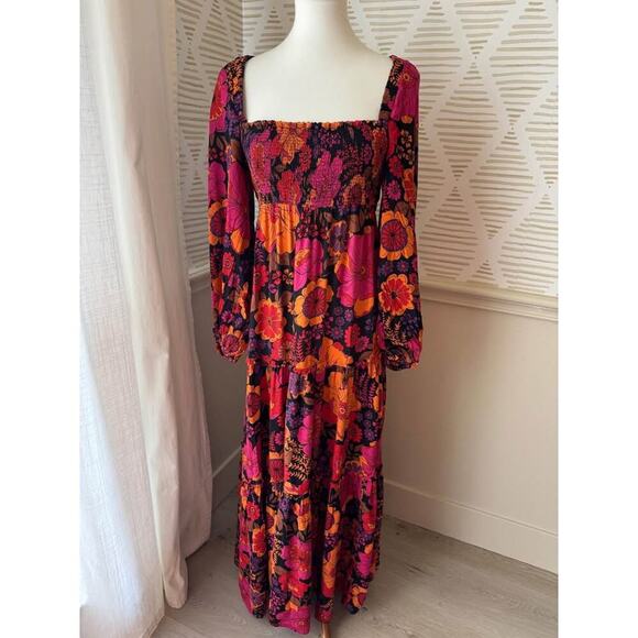 Dress To Women’s Large Black Tropical Floral Smocked Maxi Dress - Picture 1 of 6
